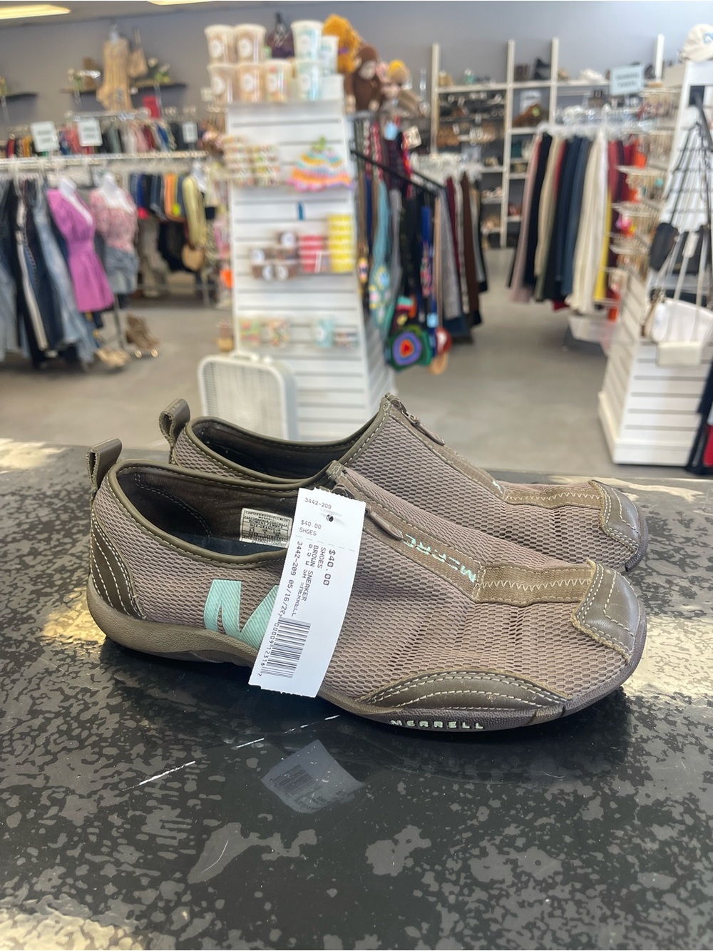 Merrell Taupe Slip-On Sneakers with Mint Logo Accent
